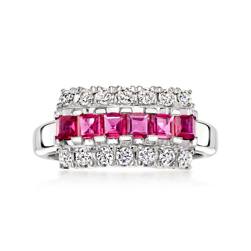 C. 1990 Vintage .72 ct. t.w. Ruby and .40 ct. t.w. Diamond Ring in Platinum. Size 7.5 image number 0