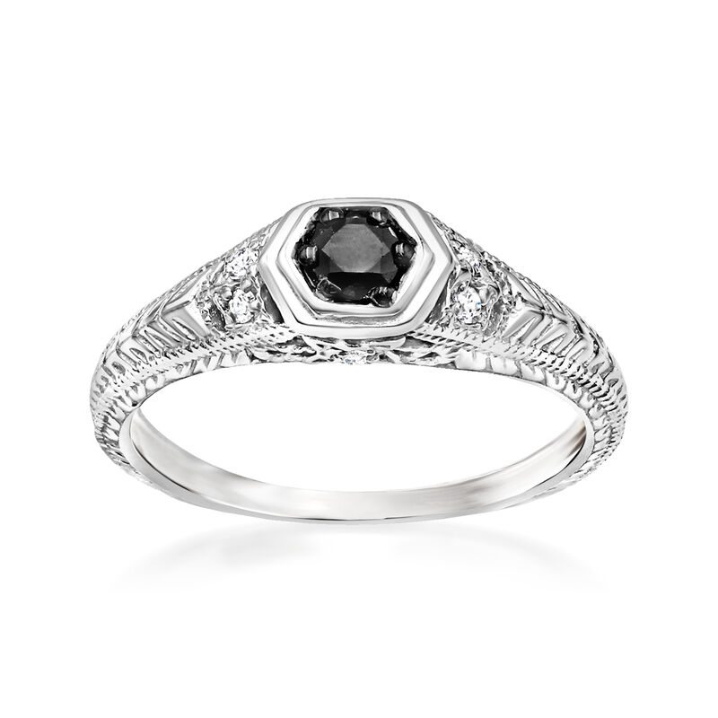 .18 Carat Black Diamond Ring with White Diamonds in Sterling Silver. Size 5 image number 0