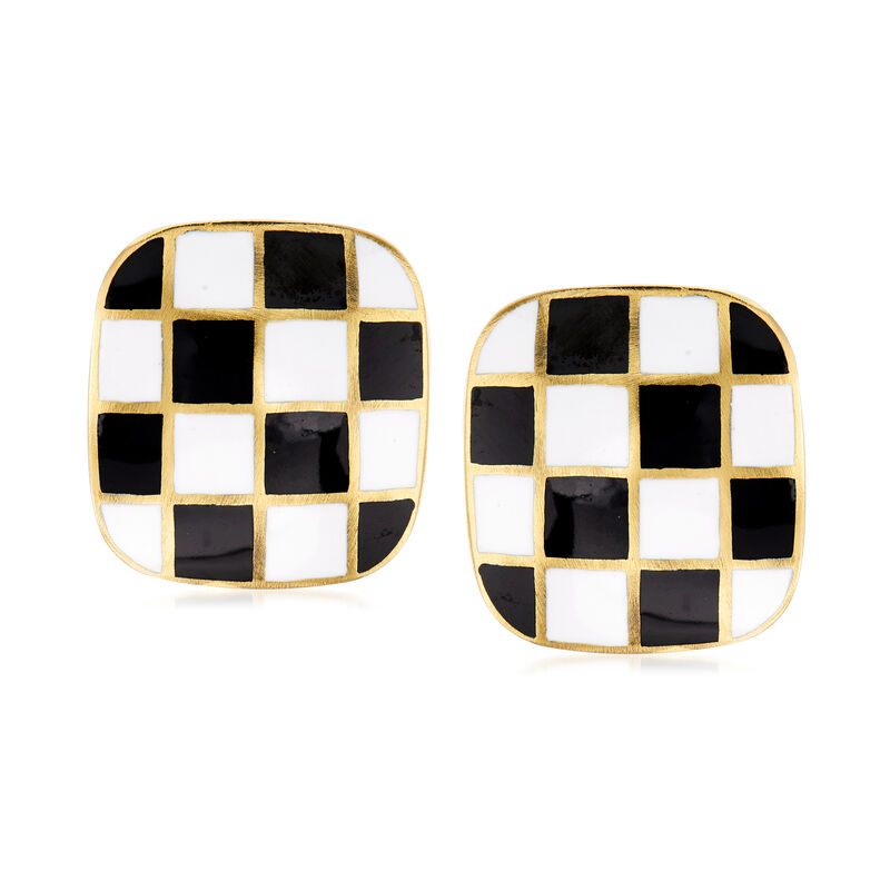 C. 1970 Vintage Black and White Enamel Clip-On Earrings in 18kt Yellow Gold image number 0