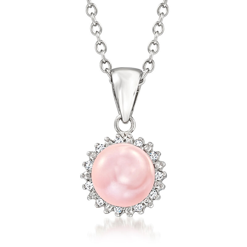 7-7.5mm Pink Cultured Button Pearl Pendant Necklace with Diamonds in Sterling Silver. 18&quot; image number 1
