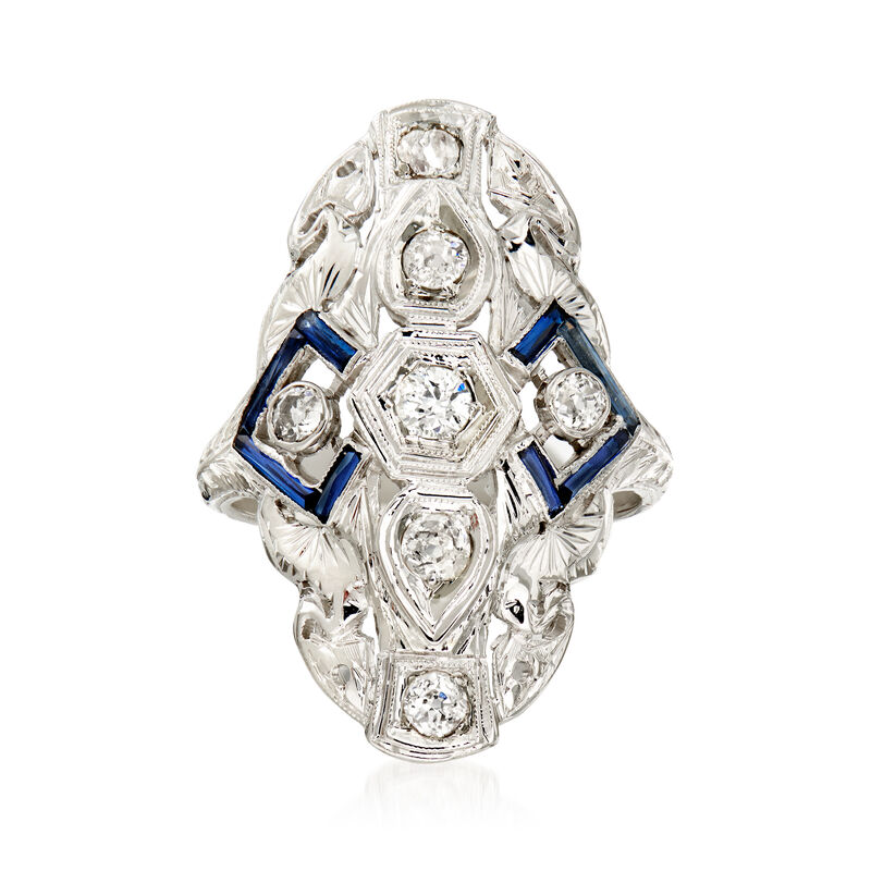 C. 1990 Vintage .55 ct. t.w. Diamond and .33 ct. t.w. Simulated Sapphire Filigree Ring in 18kt White Gold. Size 7.75 image number 0