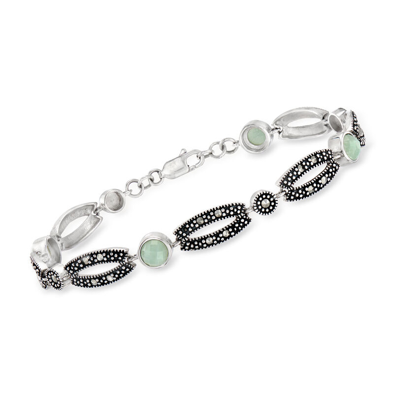 Jade and Marcasite Oval-Link Bracelet in Sterling Silver image number 0