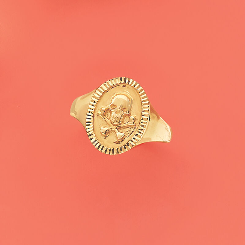 14kt Yellow Gold Skull and Bones Signet Ring image number 3