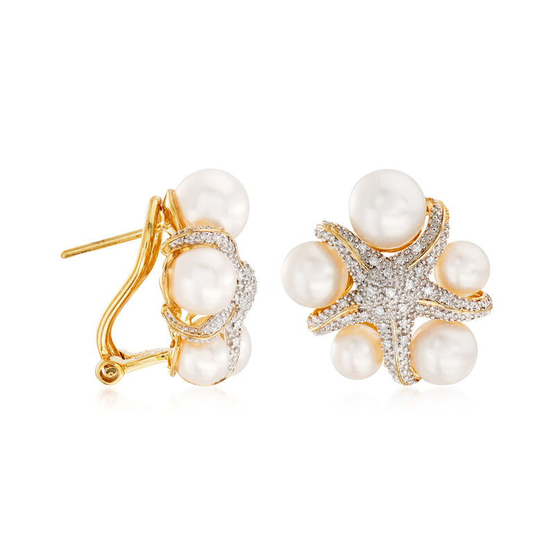 5-7.5mm Cultured Pearl and  .15 ct. t.w. Diamond Starfish Earrings in 18kt Gold Over Sterling image number 2