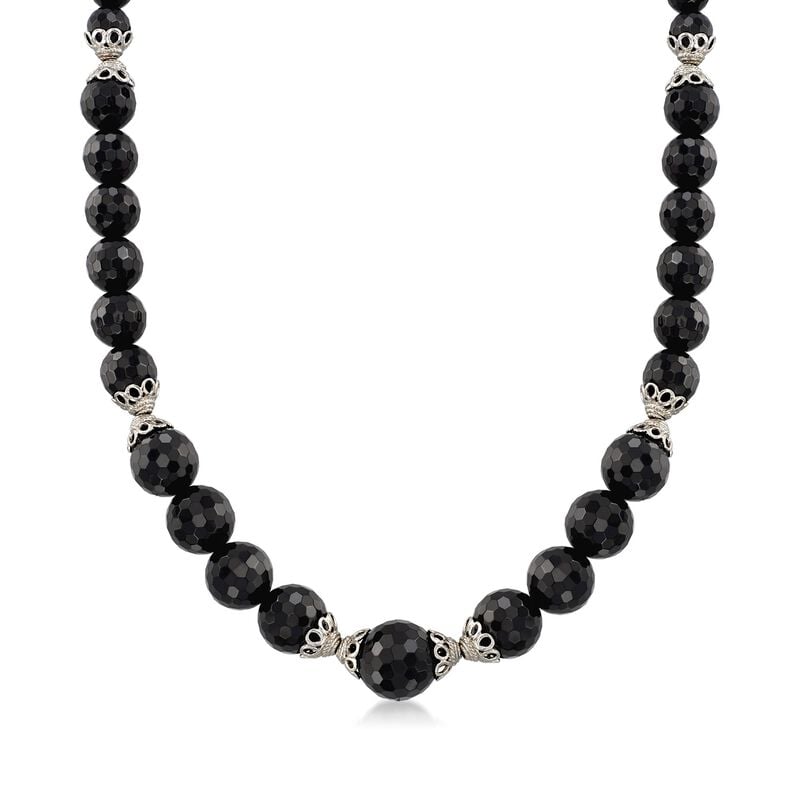 Graduated Black Onyx Bead Necklace with Sterling Silver Lacy Cap Stations image number 0