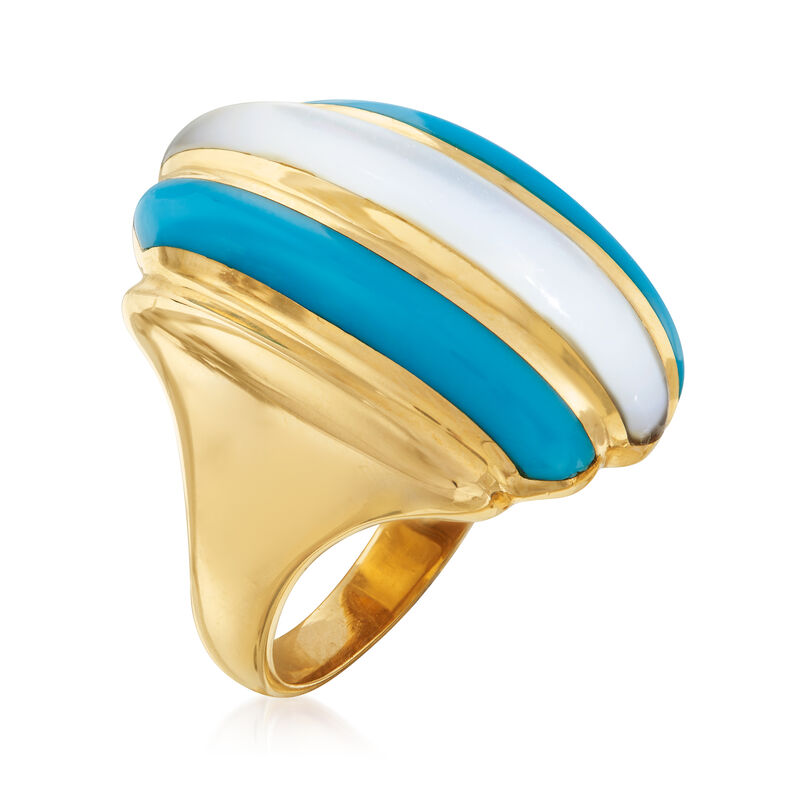 C. 1980 Vintage Mother-Of-Pearl and Turquoise Ring in 14kt Yellow Gold. Size 6 image number 2