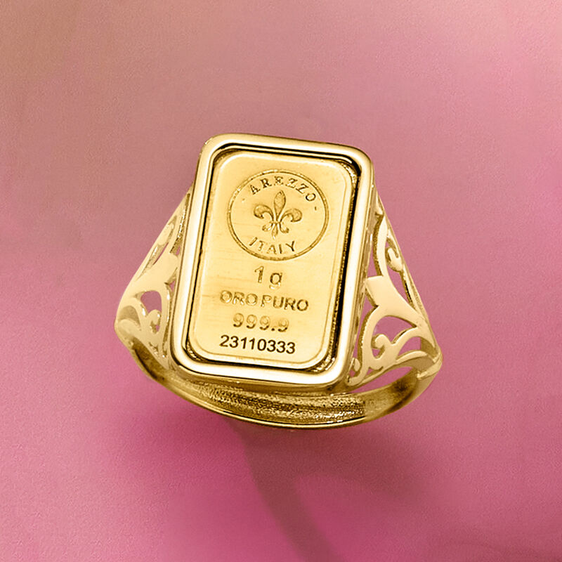 Italian 24kt Yellow Gold Fleur-De-Lis One-Gram Ingot Ring with 14kt Yellow Gold Band image number 3