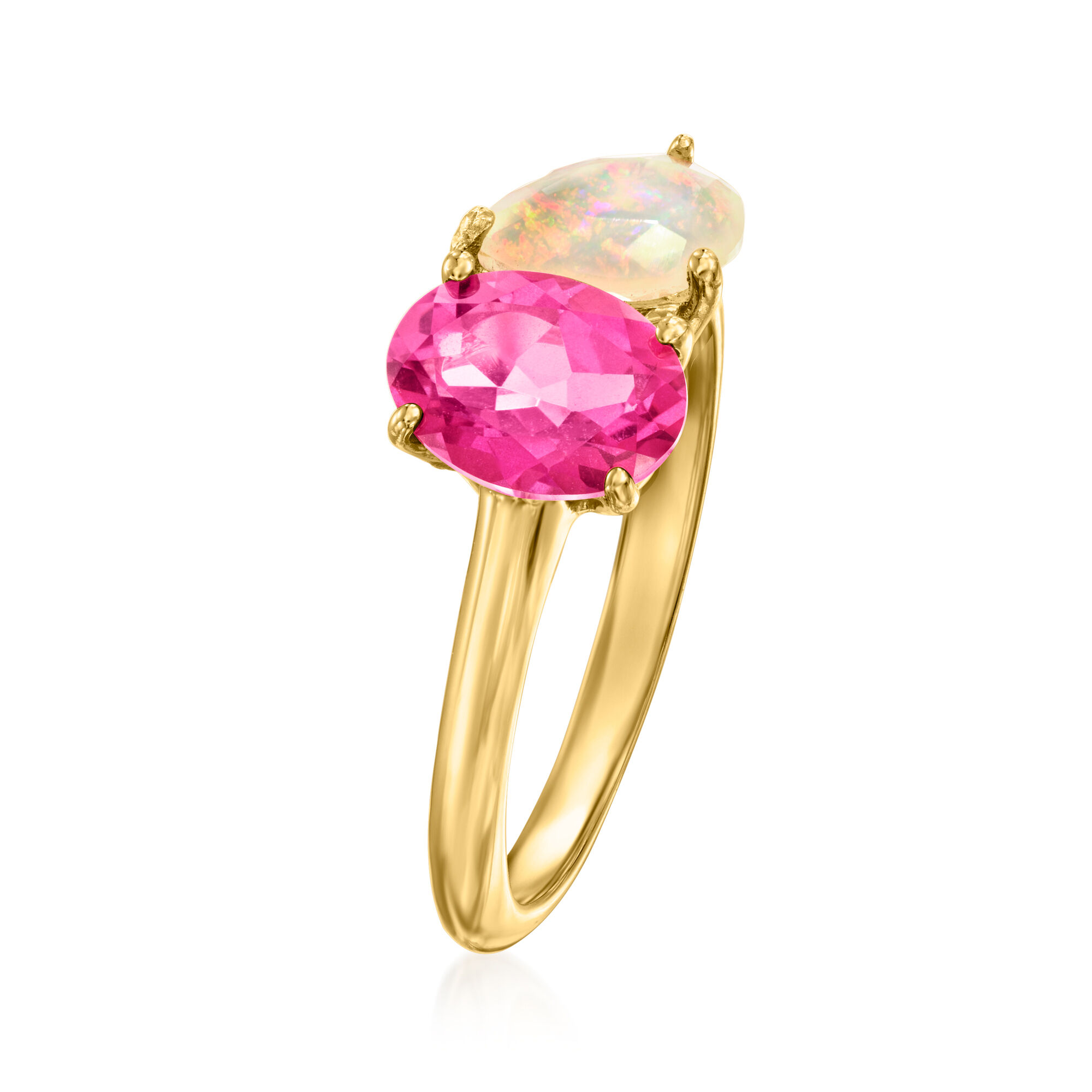 Ethiopian Opal and 1.60 Carat Pink Topaz Toi et Moi Ring in 18kt