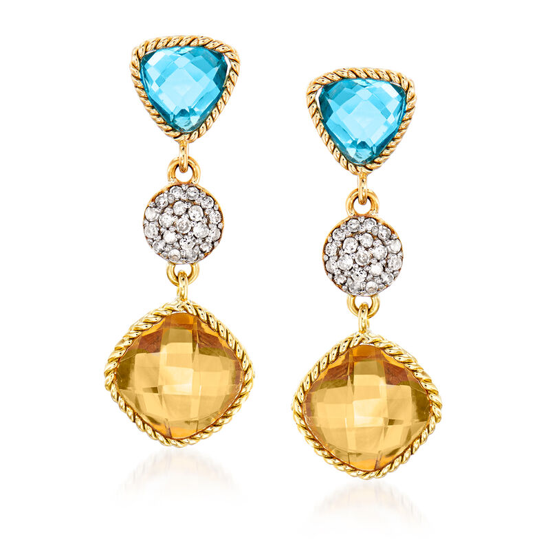 3.40 ct. t.w. Citrine, 1.80 ct. t.w. Swiss Blue Topaz and .21 ct. t.w. Diamond Drop Earrings in 14kt Yellow Gold image number 0