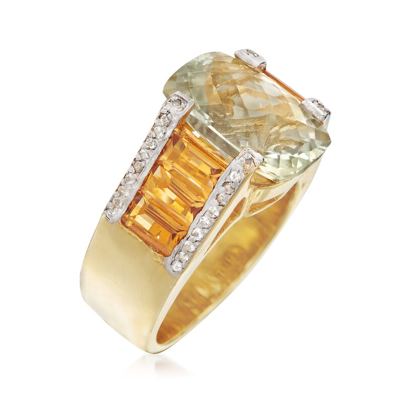 6.00 Carat Green Prasiolite and 3.30 ct. t.w. Citrine Ring with White Zircons in 18kt Gold Over Sterling image number 2