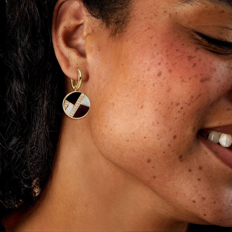 18kt Gold Over Sterling Hoop Earrings with Removable Onyx, Mother-of-Pearl and .90 ct. t.w. White Topaz Drops. 1 1/2" image number 1