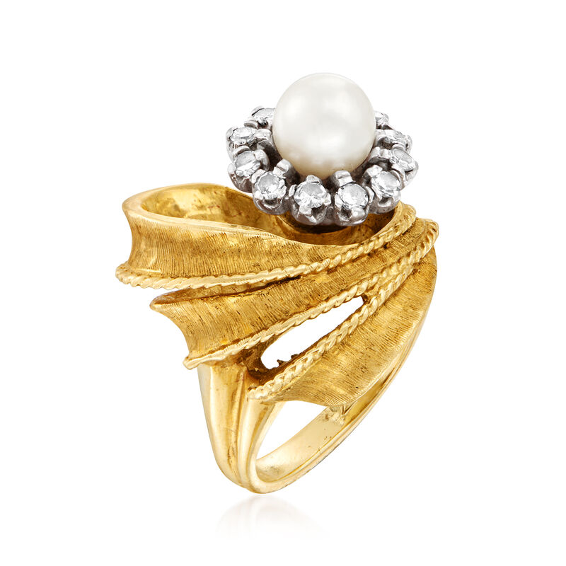 C. 1970 Vintage 6.5mm Cultured Pearl and .35 ct. t.w. Diamond Flower Ring in 14kt Yellow Gold image number 2