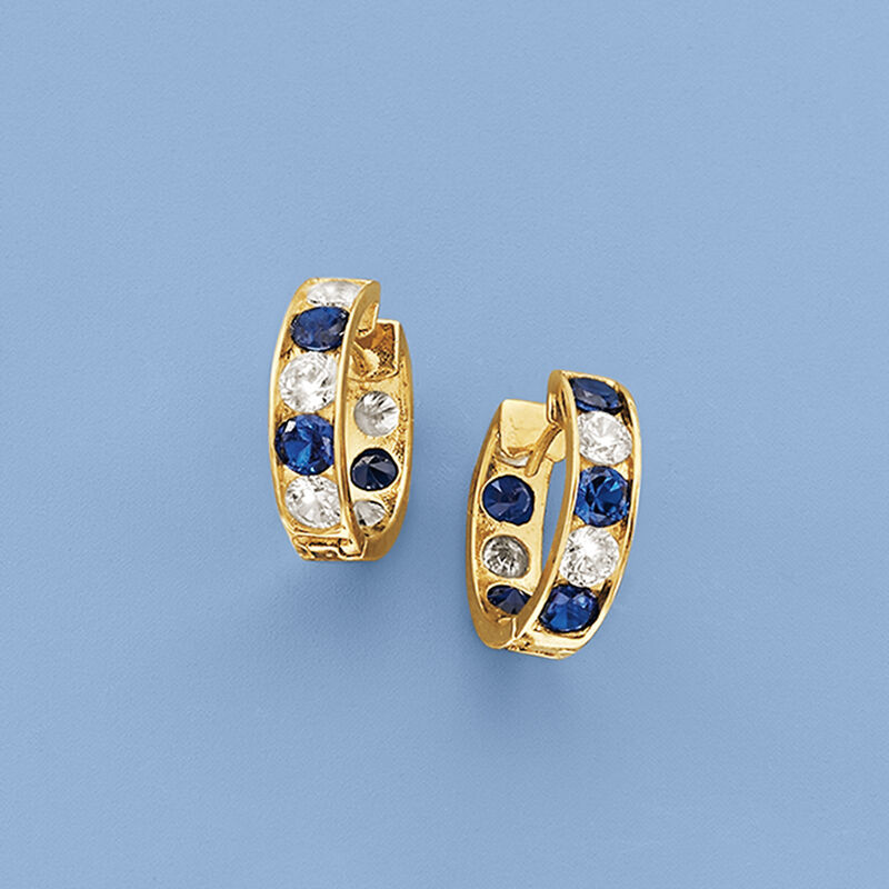 Simulated Sapphire and 1.00 ct. t.w. CZ Hoop Earrings in 14kt Yellow Gold. 3/8&quot; image number 2