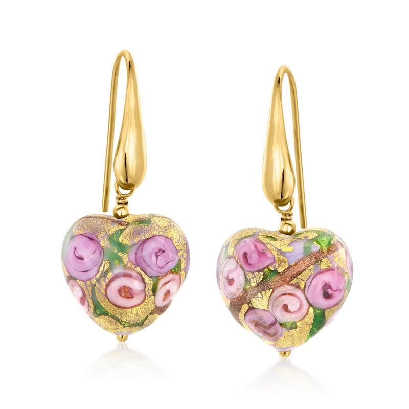 Italian Multicolored Murano Glass Rose Heart Drop Earrings in 18kt Gold Over Sterling  image number 0