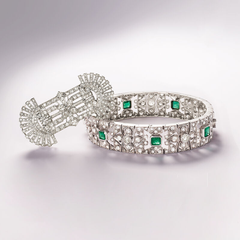 C. 1950 Vintage 5.65 ct. t.w. Diamond and 2.40 ct. t.w. Emerald Bracelet in 14kt White Gold image number 2