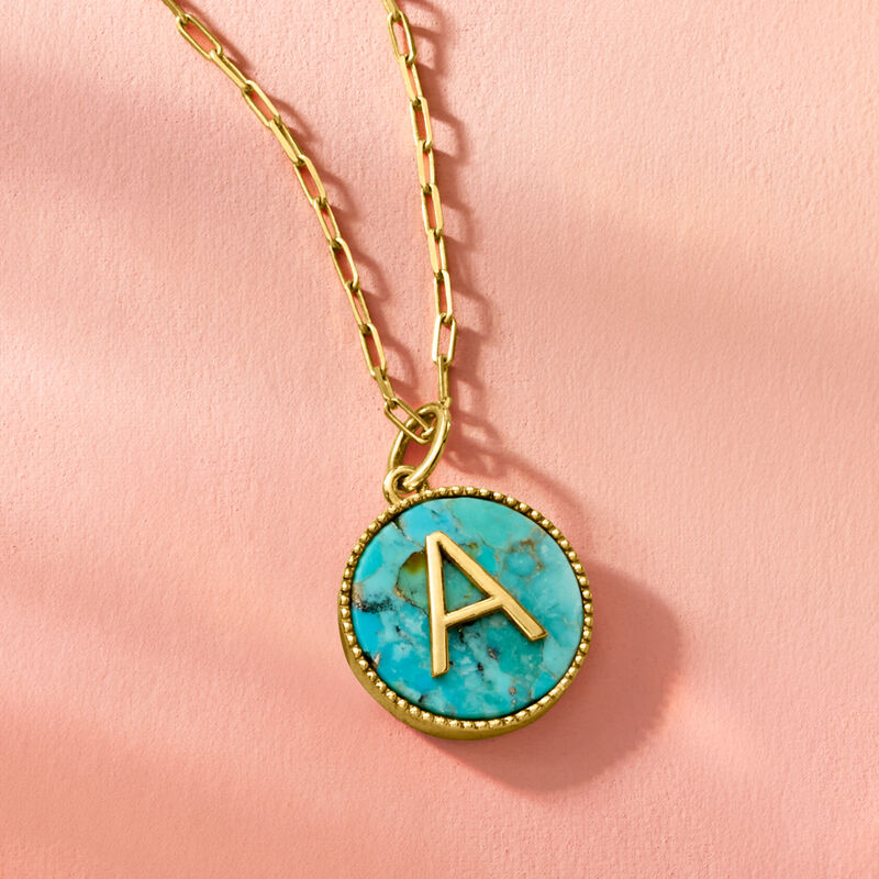 Turquoise Initial Pendant Necklace in 18kt Gold Over Sterling image number 2