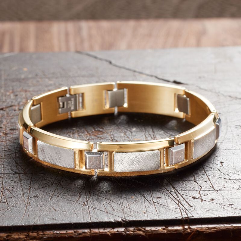 Men's Two-Tone Stainless Steel Textured and Polished Link Bracelet. 8.5&quot; image number 1