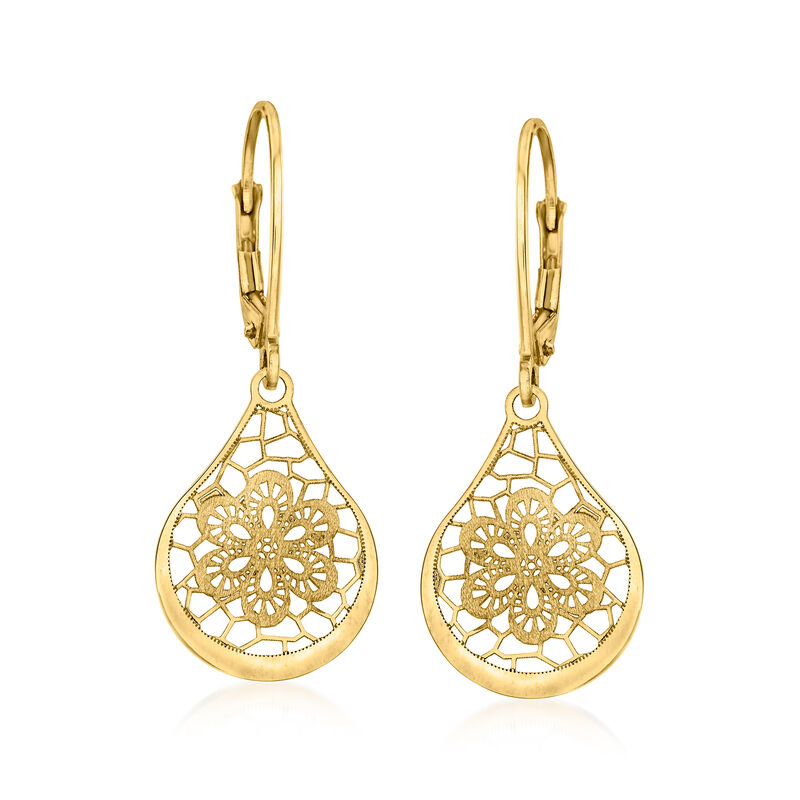 Italian 14kt Yellow Gold Openwork Floral Lace Teardrop Earrings  image number 0