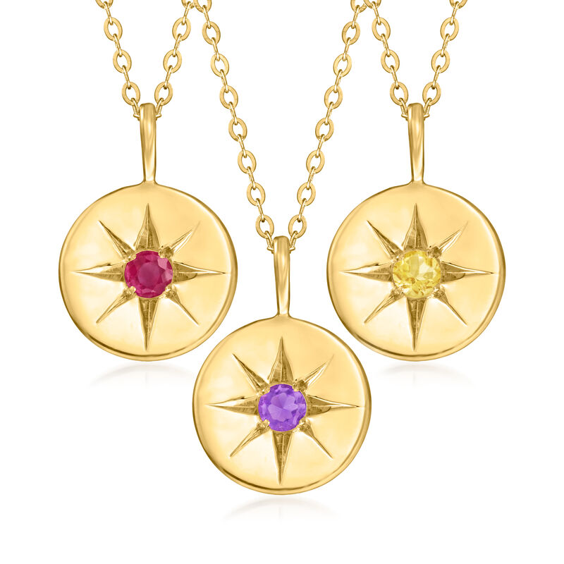January/Garnet - Birthstone Star Disc Pendant Necklace in 14kt Yellow Gold. 18&quot; image number 1