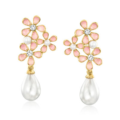 14kt Yellow Gold-Plated and Pink Enamel Flower Earrings with Simulated Gemstones and Pearls