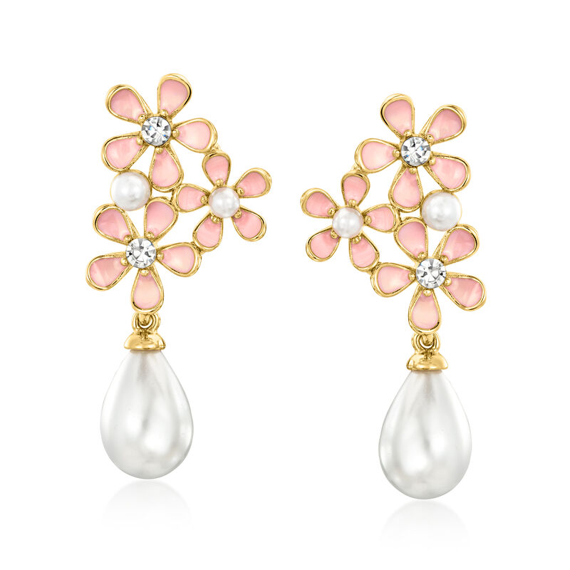 14kt Yellow Gold-Plated and Pink Enamel Flower Earrings with Simulated Gemstones and Pearls  image number 0