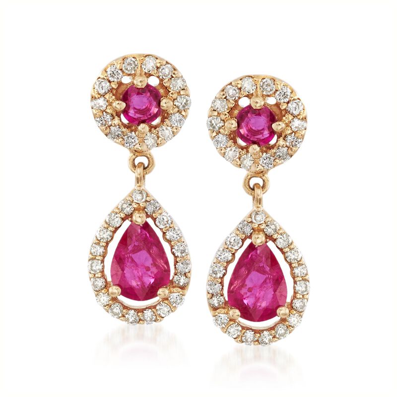 1.30 ct. t.w. Ruby and .66 ct. t.w. Diamond Drop Earrings in 14kt Yellow Gold  image number 0