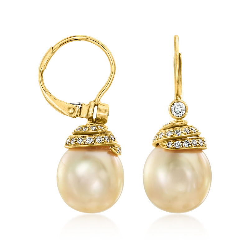 C. 1990 Vintage 13x10.5mm Cultured Golden Pearl Drop Earrings with .47 ct. t.w. Diamonds in 14kt Yellow Gold. Leverback Earrings image number 2