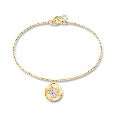Diamond Paw Print Disc Charm Bracelet in 18kt Gold Over Sterling