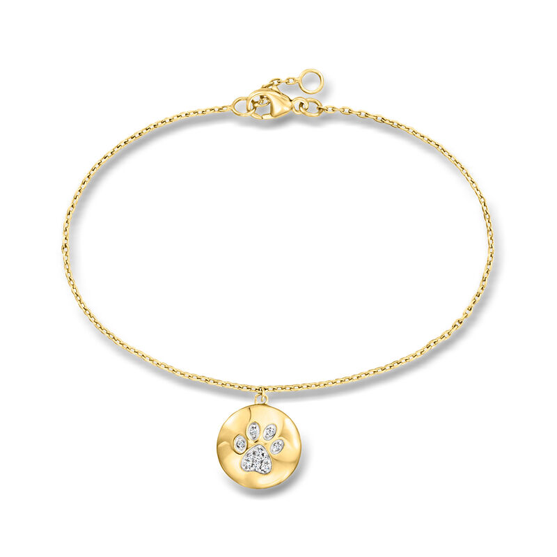 Diamond Paw Print Disc Charm Bracelet in 18kt Gold Over Sterling. 6.5" image number 0