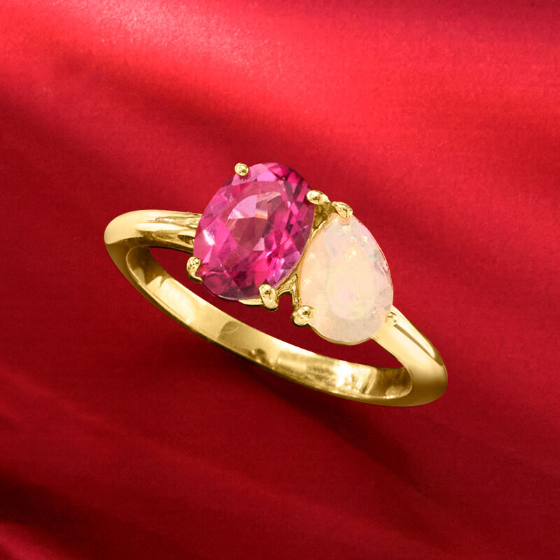 Ethiopian Opal and 1.60 Carat Pink Topaz Toi et Moi Ring in 18kt Gold Over Sterling image number 3