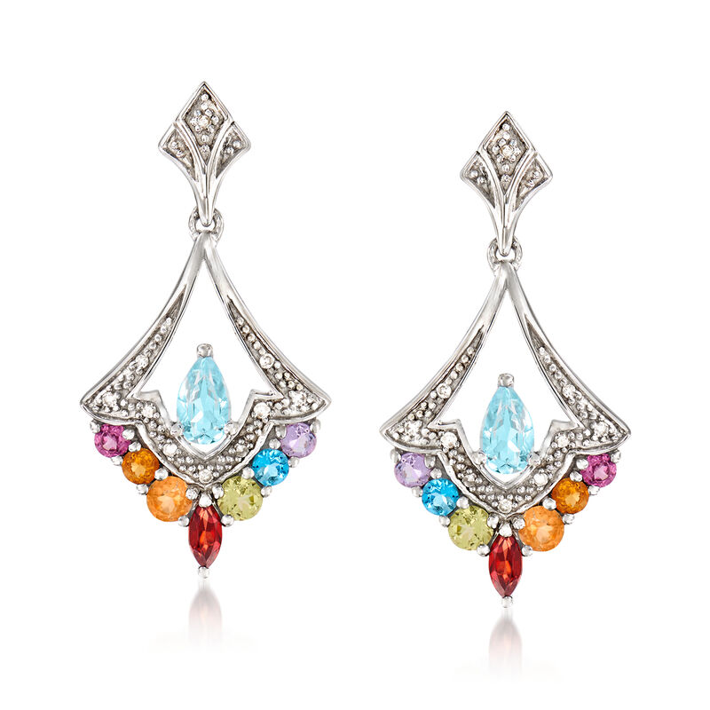 .92 ct. t.w. Multi-Gemstone Drop Earrings with Diamond Accents in Sterling Silver image number 0