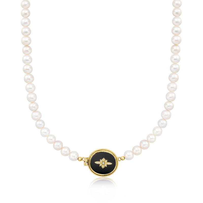 Onyx and 6.5-7mm Cultured Pearl Necklace with Diamonds in 18kt Gold Over Sterling. 18&quot; image number 1