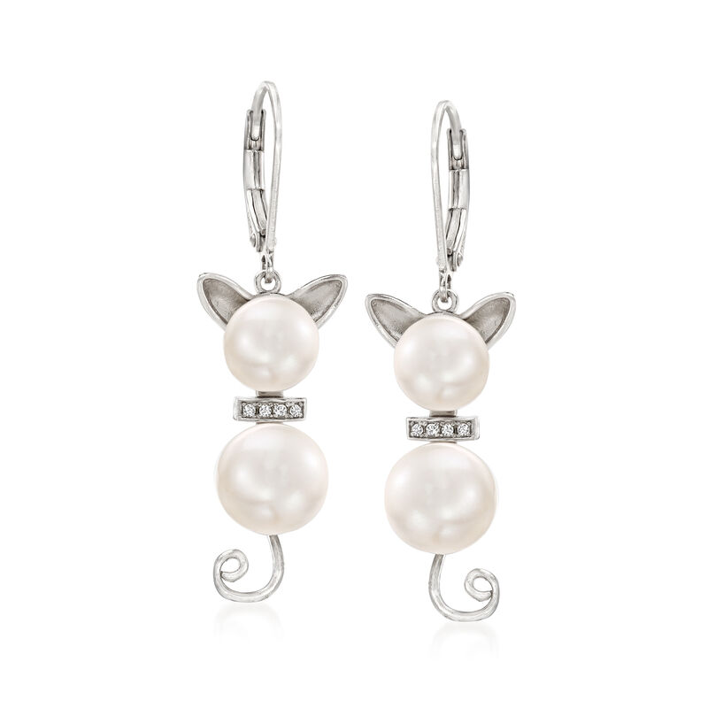 7.5-9mm Cultured Pearl and Diamond Cat Drop Earrings in Sterling Silver image number 0