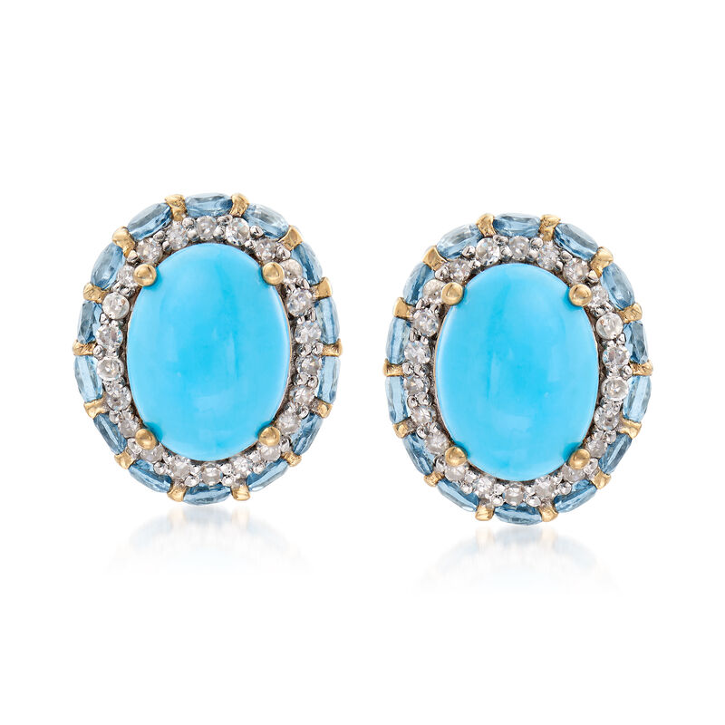 Turquoise, 1.10 ct. t.w. Blue Topaz and .22 ct. t.w. Diamond Earrings in 14kt Yellow Gold image number 0