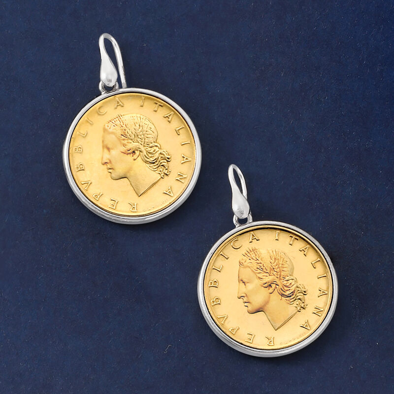 Italian Genuine 20-Lira Coin Drop Earrings in Sterling Silver image number 3