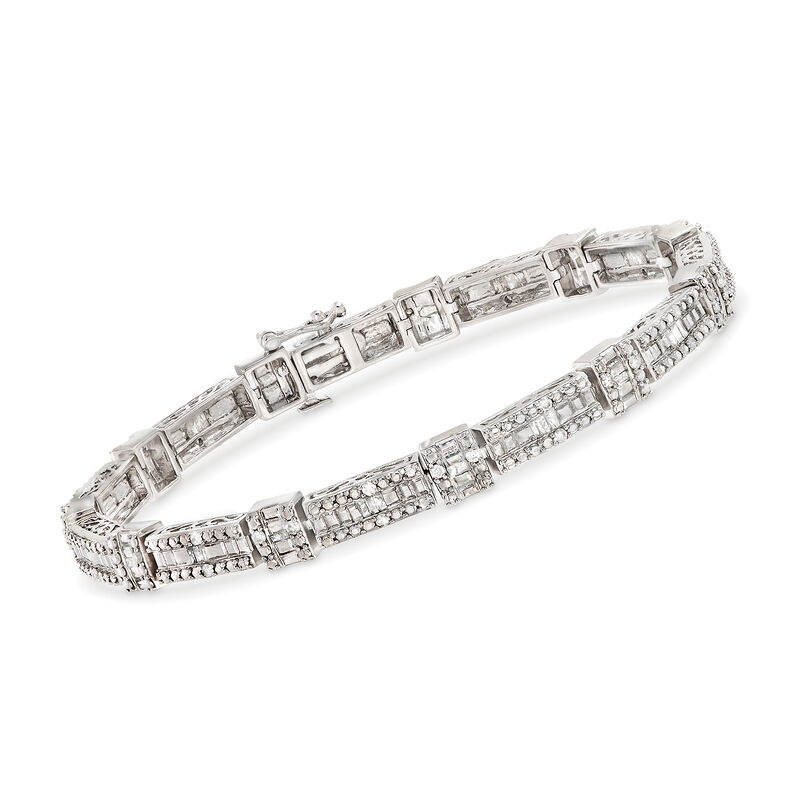 1.00 ct. t.w. Baguette and Round Diamond Bracelet in Sterling Silver image number 0