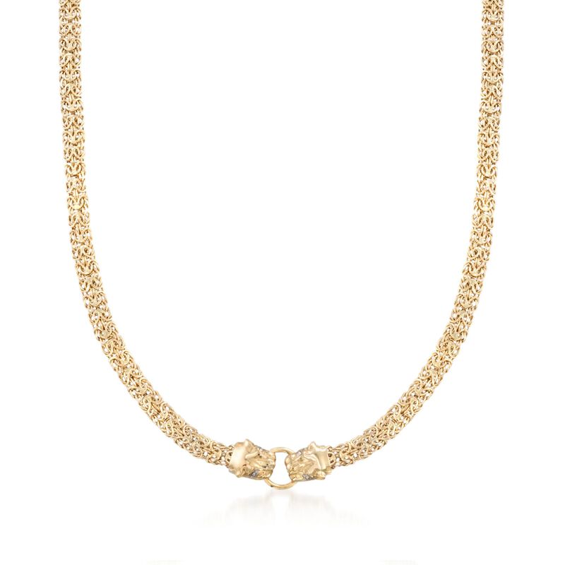 14kt Yellow Gold Double Panther Head Byzantine Necklace with Diamond Accents. 18&quot; image number 1
