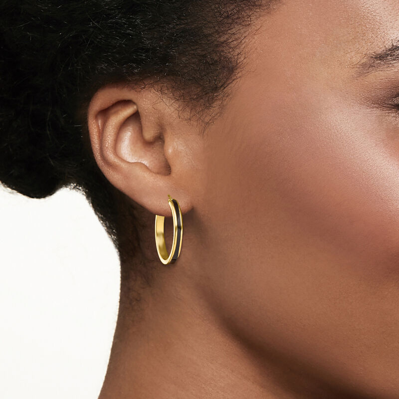 Black Enamel Hoop Earrings in 14kt Yellow Gold. 1" image number 1