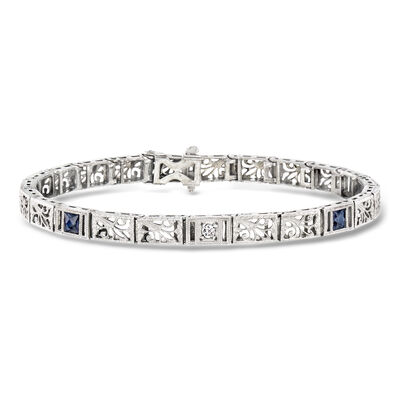 C. 1950 Vintage .60 ct. t.w. Synthetic Sapphire Bracelet with Single Diamond in 14kt White Gold