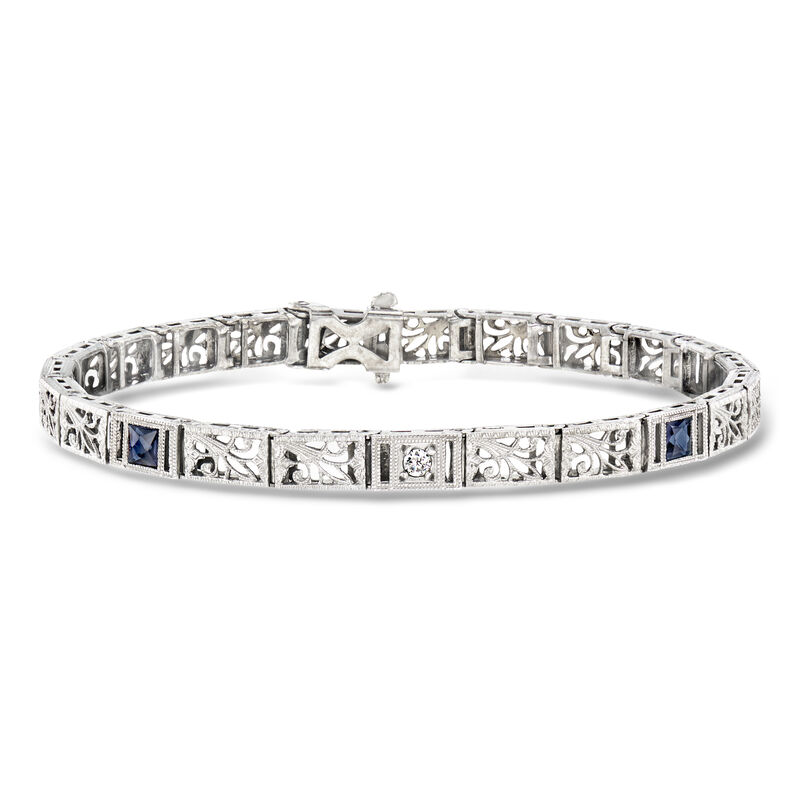 C. 1950 Vintage .60 ct. t.w. Synthetic Sapphire Bracelet with Single Diamond in 14kt White Gold. 7" image number 0