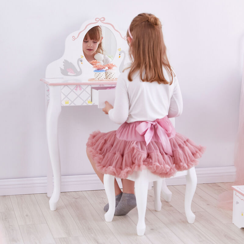 Child's Swan Lake White and Pink Vanity and Stool Set image number 1
