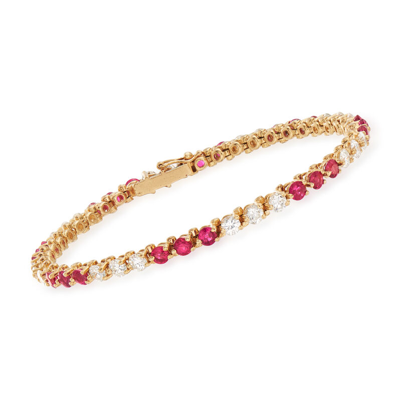 C. 1980 Vintage 3.75 ct. t.w. Ruby and 3.10 ct. t.w. Diamond Line Bracelet in 14kt Yellow Gold image number 0