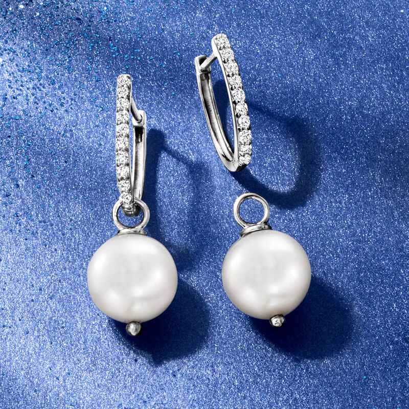 10mm Cultured Pearl and .40 ct. t.w. White Topaz Removable Hoop Drop Earrings in Sterling Silver image number 4