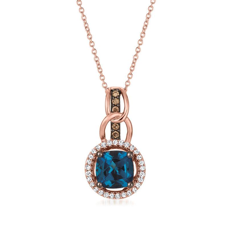 Le Vian &quot;Chocolatier&quot; 1.50 Carat Deep Sea Blue Topaz Pendant Necklace with .17 ct. t.w. Chocolate and Vanilla Diamonds in 14kt Strawberry Gold. 18&quot; image number 1