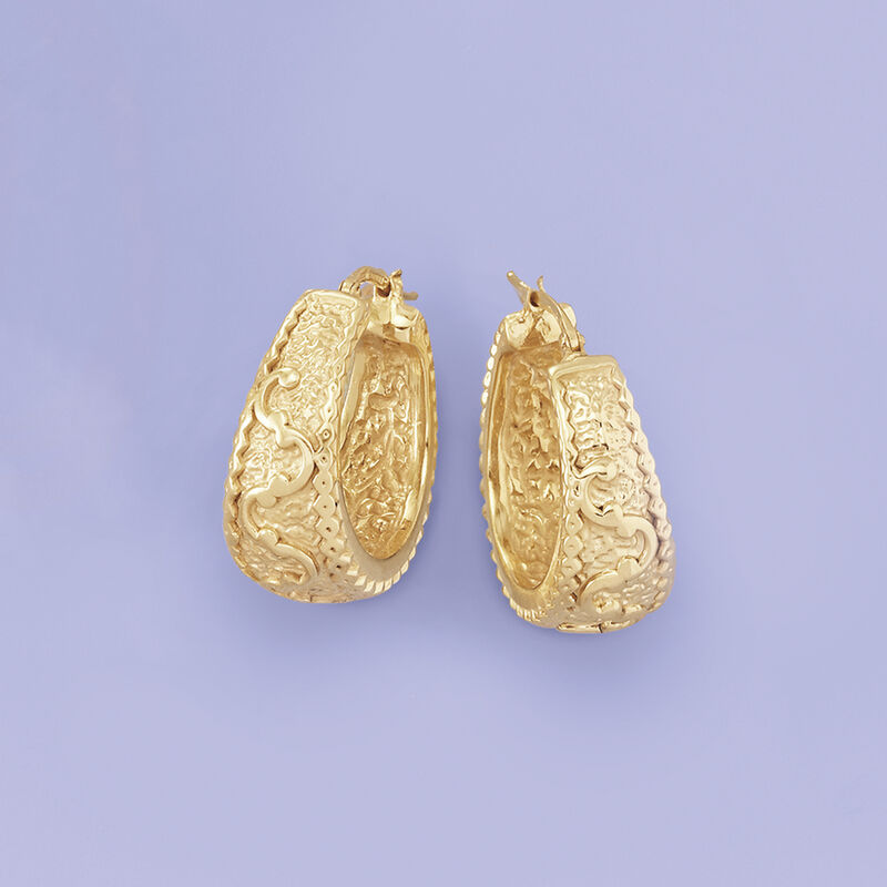 14kt Yellow Gold Scroll Design Hoop Earrings image number 2