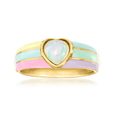 Opal Heart Ring with Multicolored Pastel Enamel in 18kt Gold Over Sterling