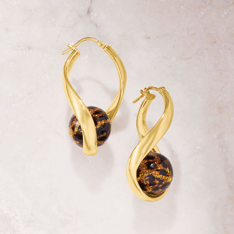 Italian Leopard-Print Murano Glass Bead Twisted Hoop Earrings in 18kt Gold Over Sterling. 1 3/8&quot; image number 3