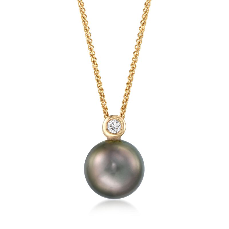 9-10mm Black Cultured Tahitian Pearl Pendant Necklace with Diamond Accent in 18kt Yellow Gold. 16&quot; image number 1