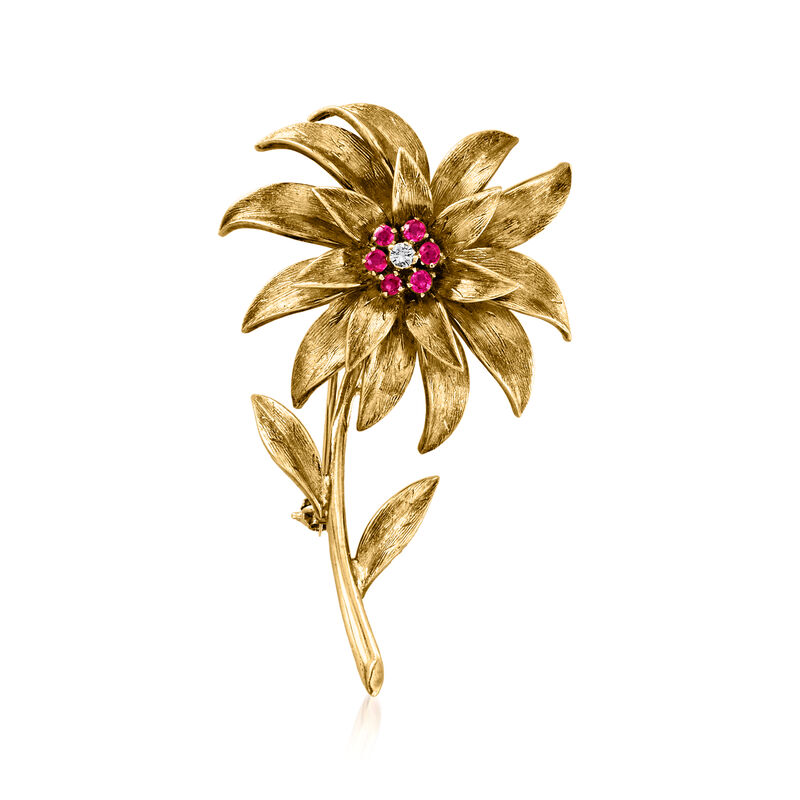 C. 1970 Vintage Tiffany Jewelry .40 ct. t.w. Ruby Flower Pin with Diamond Accent in 18kt Yellow Gold image number 0