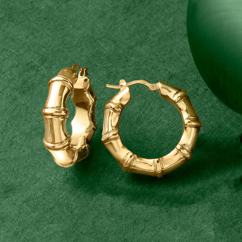 Italian 18kt Yellow Gold Bamboo-Style Hoop Earrings. 1 1/8&quot; image number 2